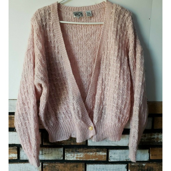 Vtg 80s Pink Ninon Fuzzy Knit Oversized Cardigan Sweater Size L - Picture 1 of 5